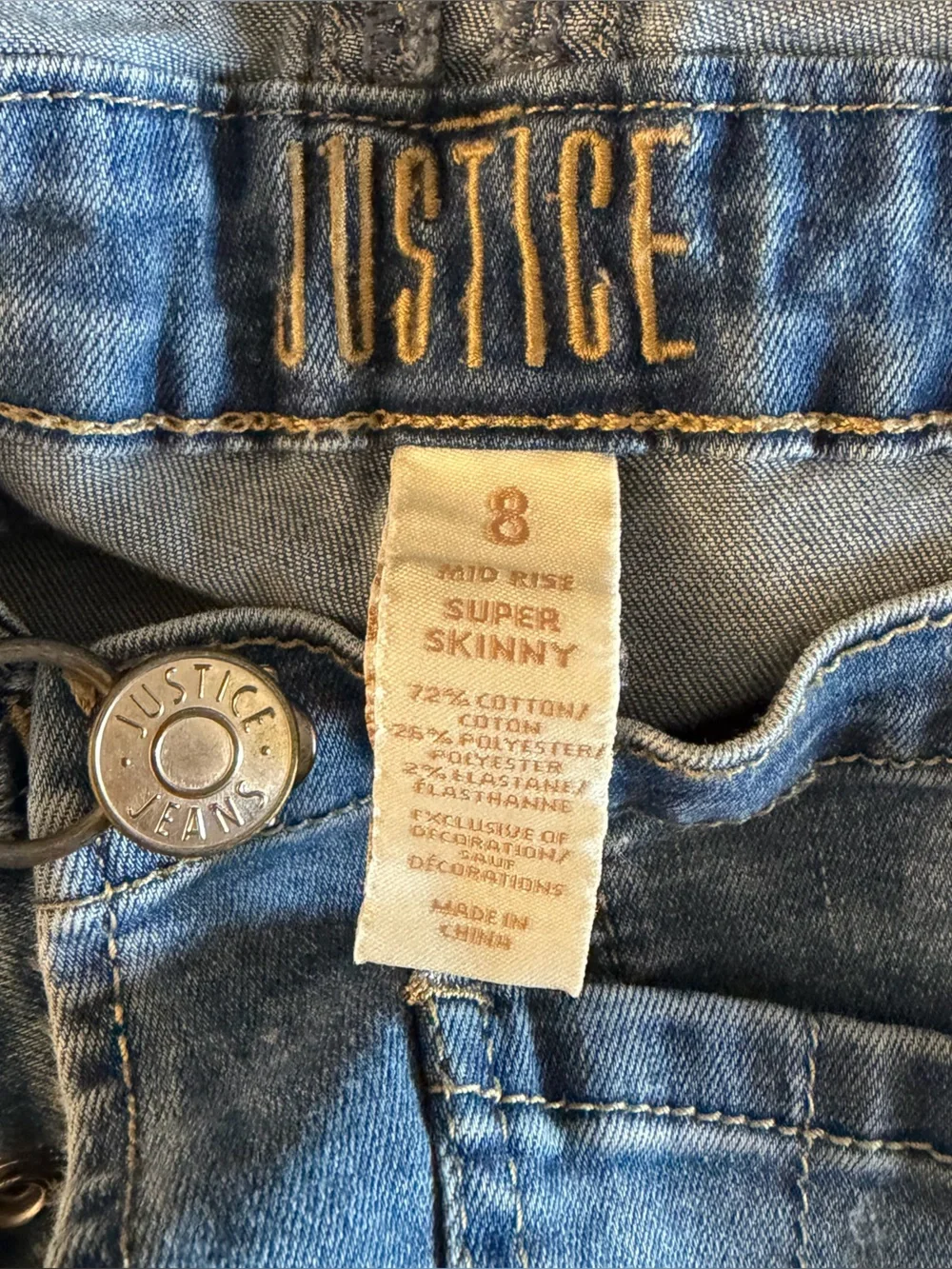 Justice girl size 8 Blue Denim Overalls Jeans with Lace Pocket Detail mid rise